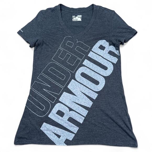 Under Armour Shirt Top Womens Size Medium Gray V Neck Heatgear Fitted Athleisure - Picture 1 of 11